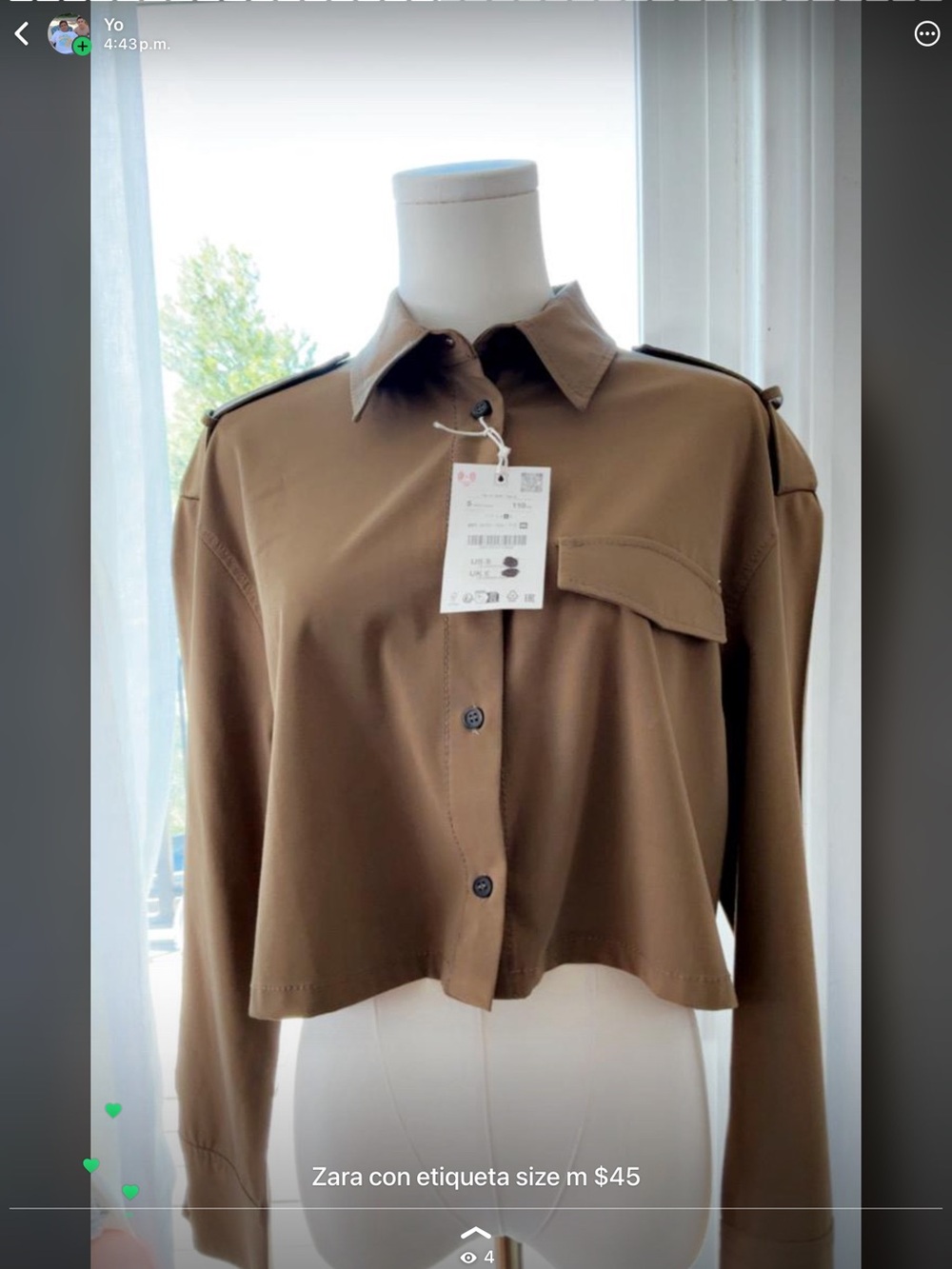 Zara Olive Brown Cropped Button-Down Shirt